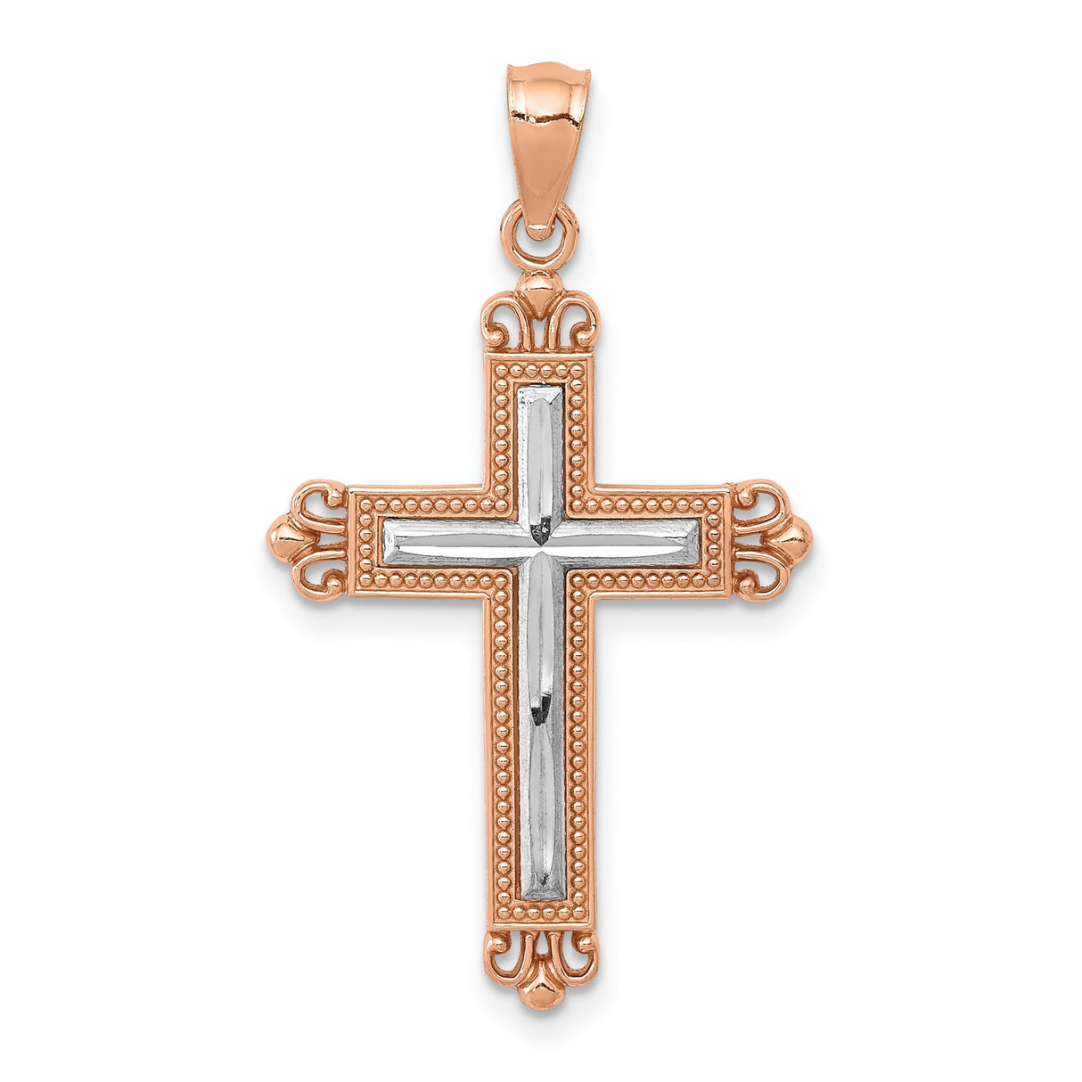 14k Rose Gold Fleur De Lis Cross Pendant with Ornate Scrollwork Design