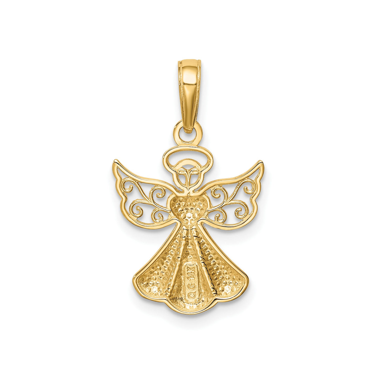 14k Yellow Gold Angel Pendant with Heart Center and Filigree Wings, Religious Charm for Women