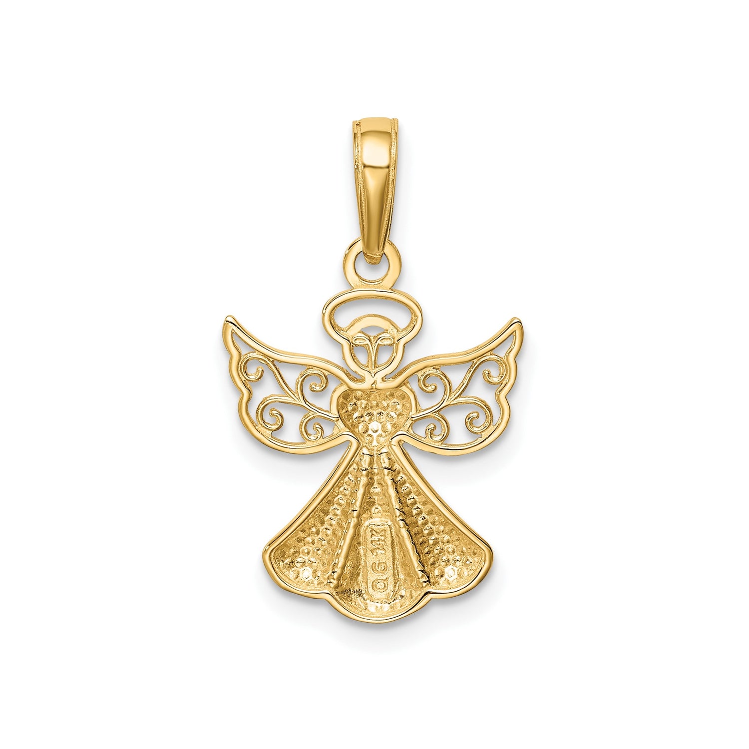 14k Yellow Gold Angel Pendant with Heart Center and Filigree Wings, Religious Charm for Women
