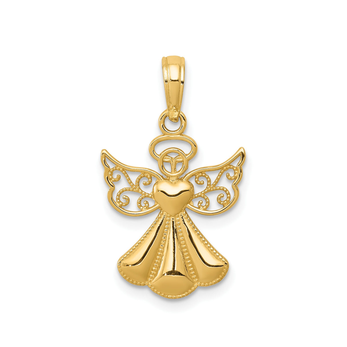 14k Yellow Gold Angel Pendant with Heart Center and Filigree Wings, Religious Charm for Women