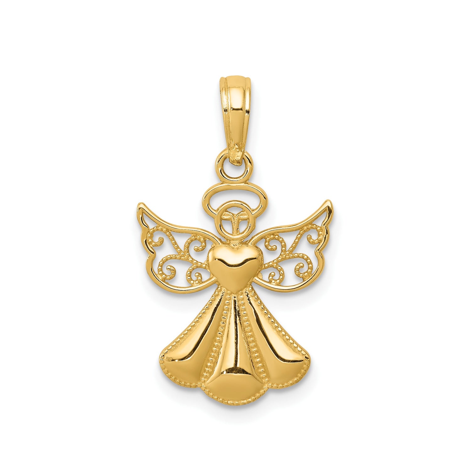 14k Yellow Gold Angel Pendant with Heart Center and Filigree Wings, Religious Charm for Women