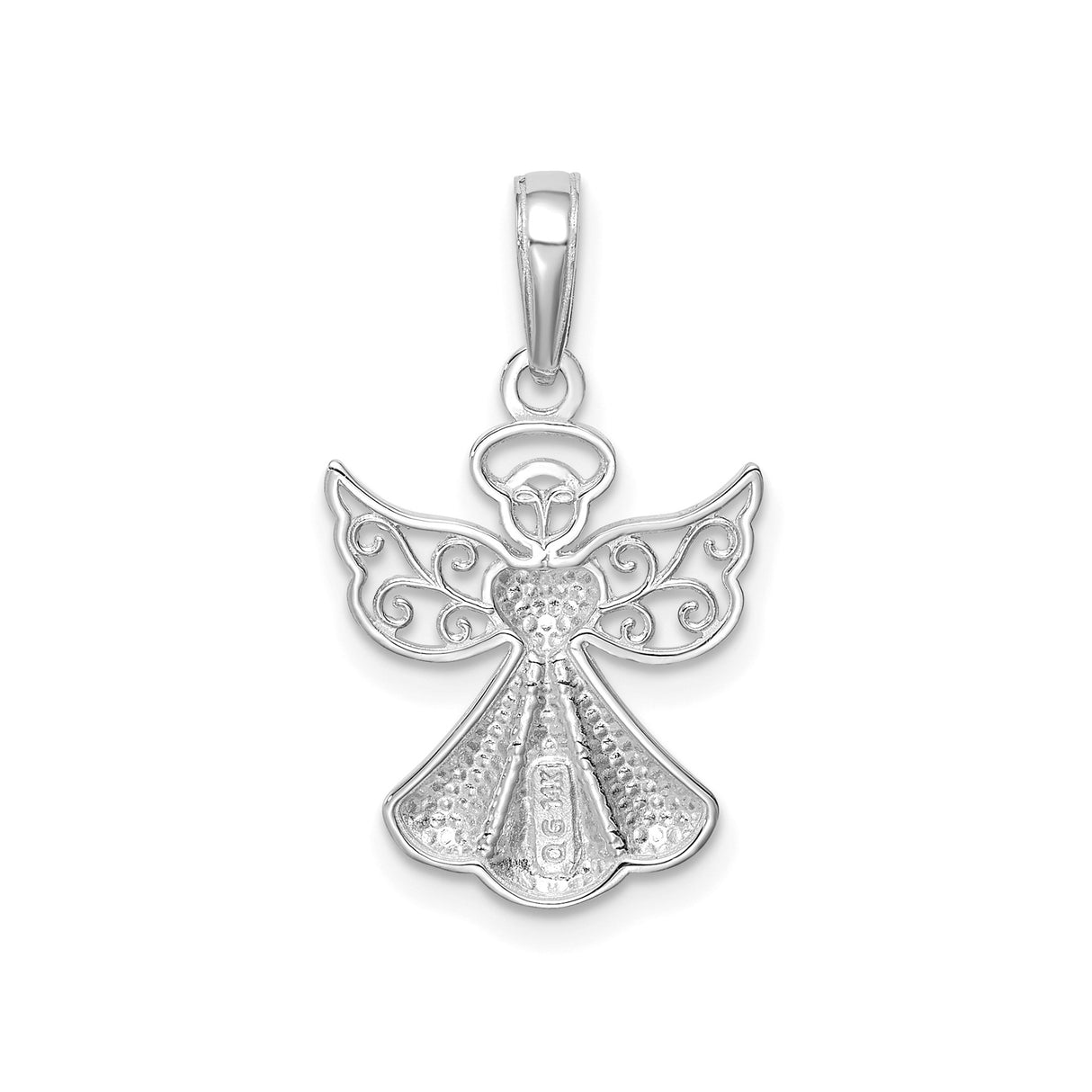 14k White Gold Angel Pendant with Heart Center and Filigree Wings for Women