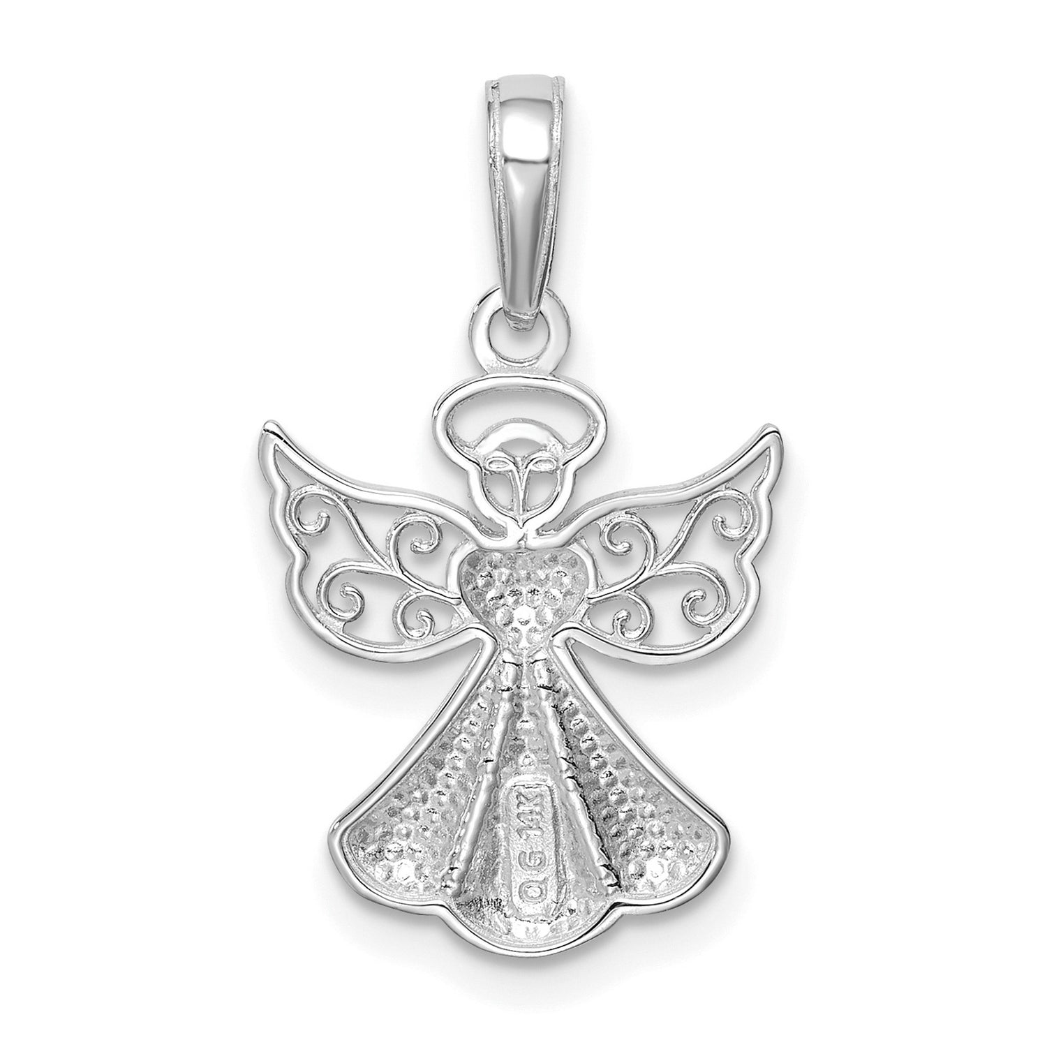 14k White Gold Angel Pendant with Filigree Wings, Halo and Heart Design