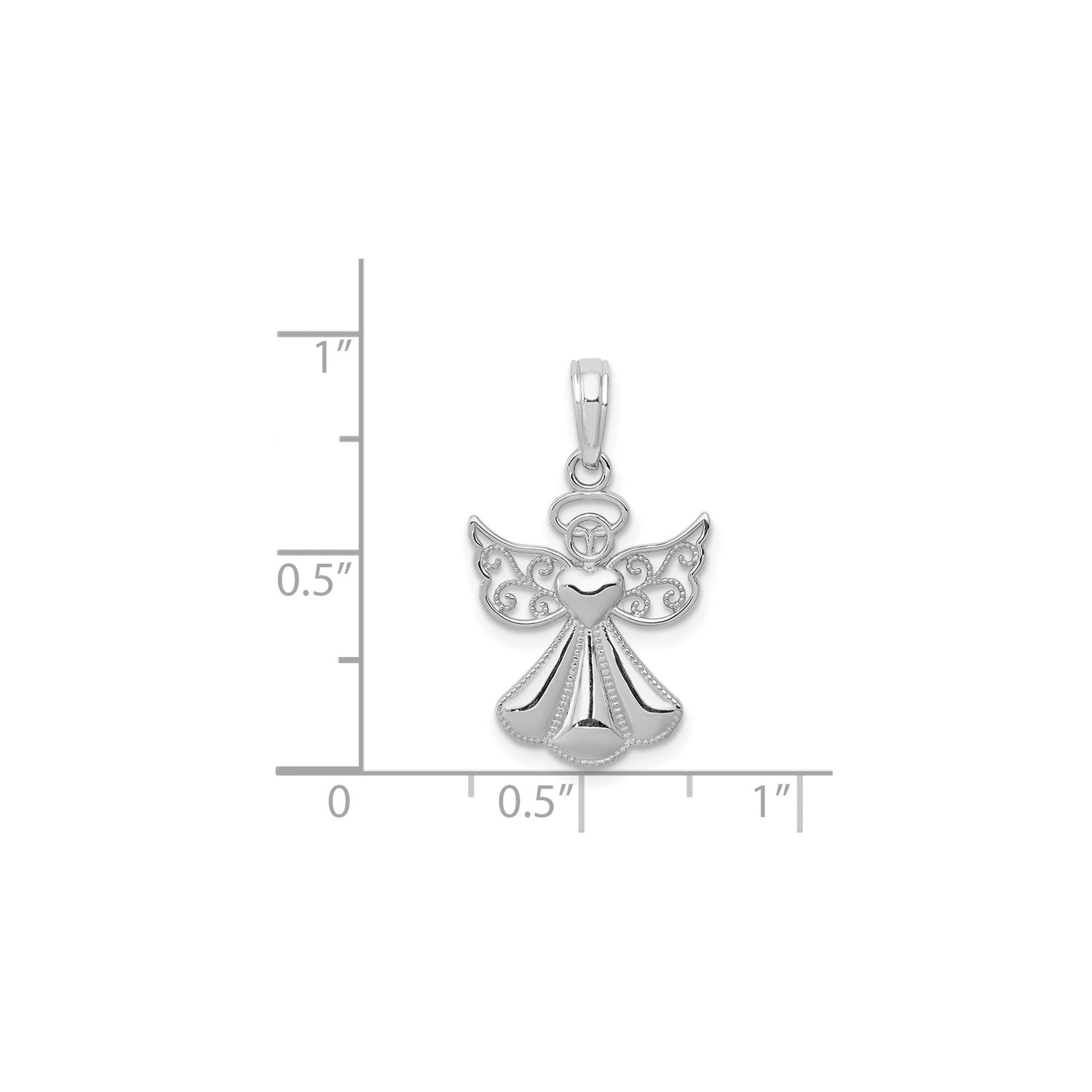 14k White Gold Angel Pendant with Heart Center and Filigree Wings for Women