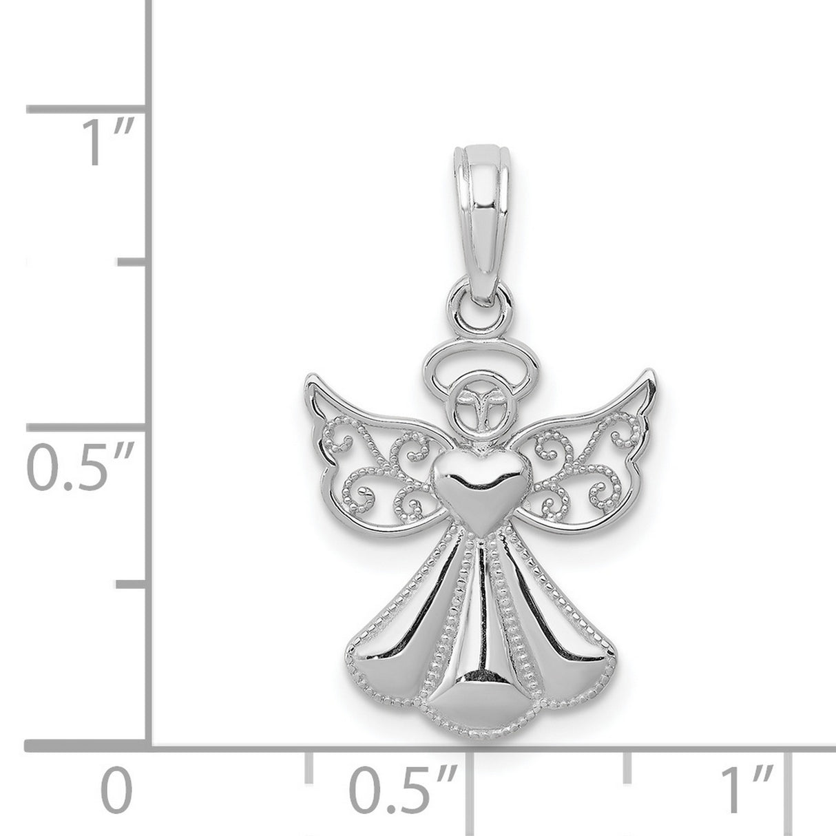 14k White Gold Angel Pendant with Filigree Wings, Halo and Heart Design