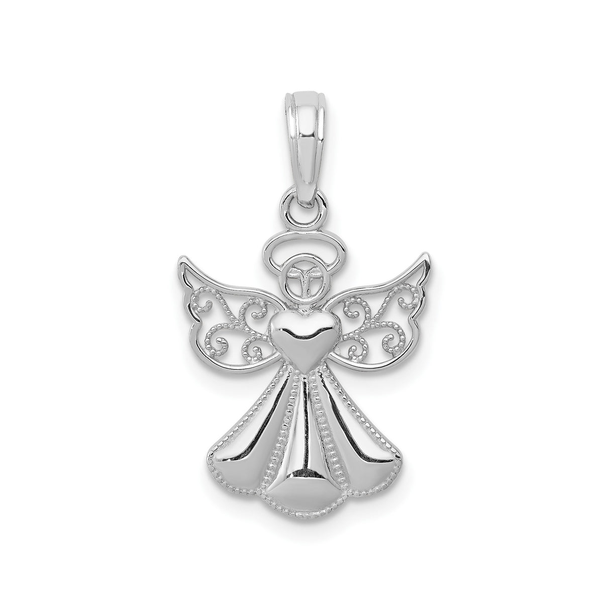 14k White Gold Angel Pendant with Heart Center and Filigree Wings for Women