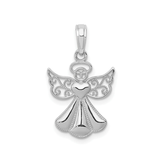 14k White Gold Angel Pendant with Heart Center and Filigree Wings for Women