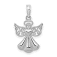14k White Gold Angel Pendant with Filigree Wings, Halo and Heart Design