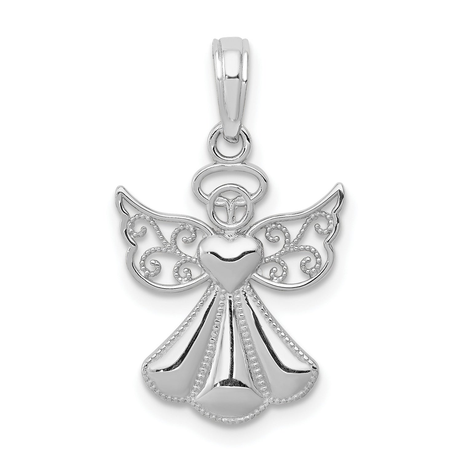 14k White Gold Angel Pendant with Filigree Wings, Halo and Heart Design