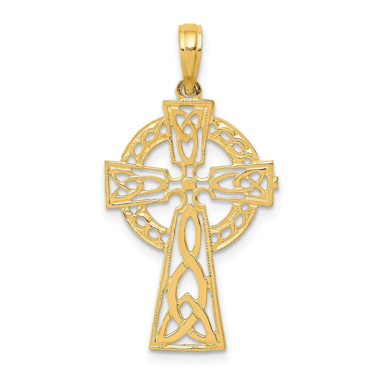 14k Yellow Gold Celtic Cross Pendant with Triquetra Symbol and Woven Knot Design