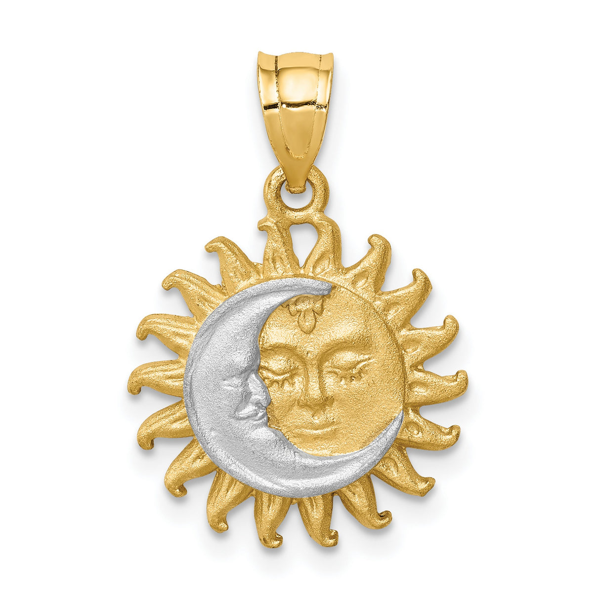 14k Two-Tone Gold Sun and Moon Pendant with Dual Facial Profiles, Celestial Talisman Charm