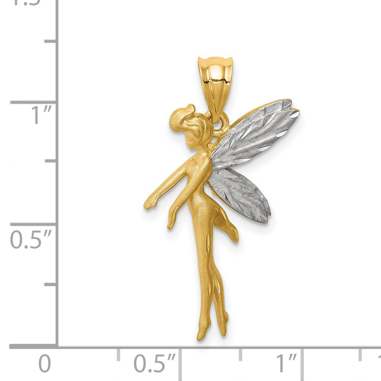 14k Yellow and Rhodium Gold Fairy Pendant, Two Tone Winged Fairy in Flight Design