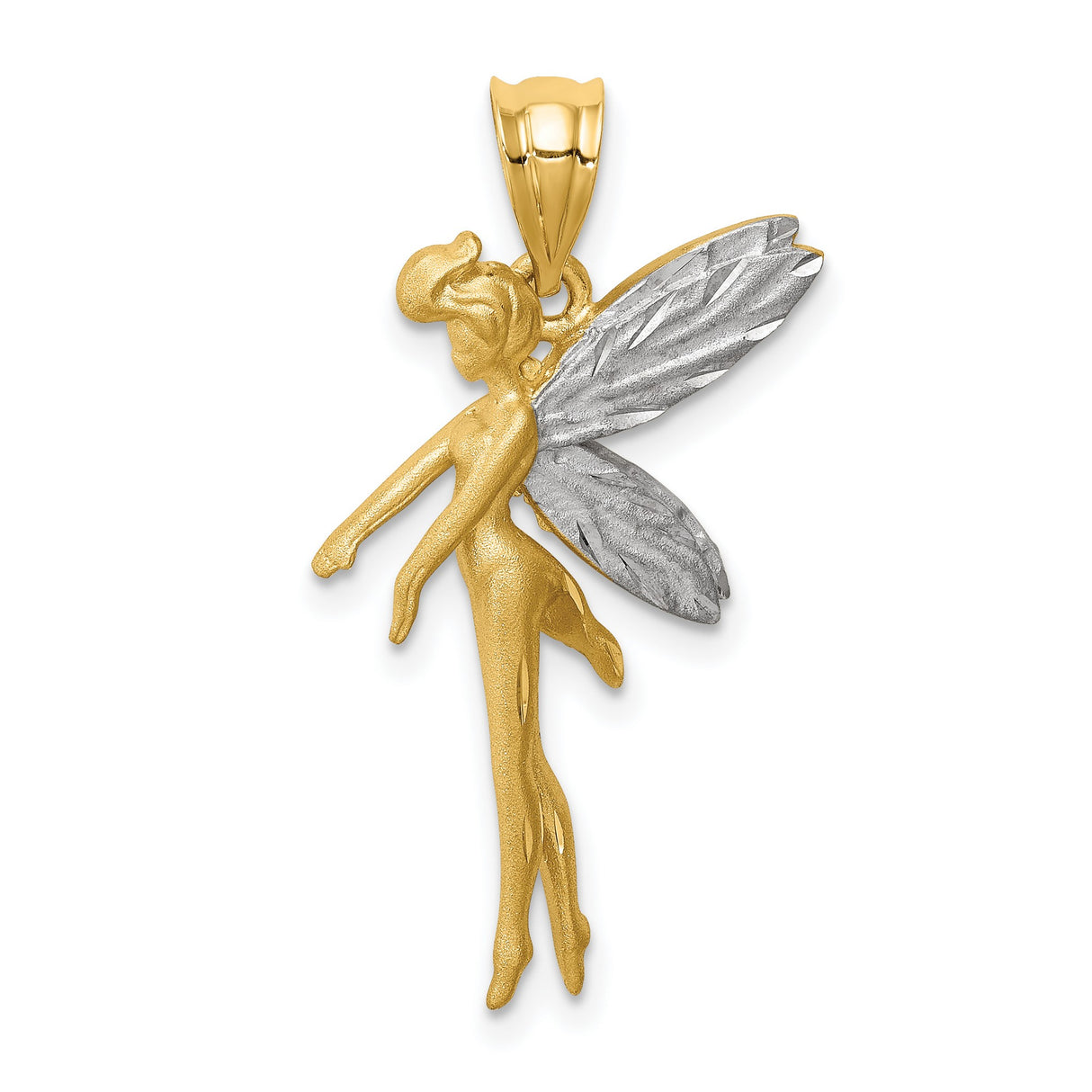 14k Yellow and Rhodium Gold Fairy Pendant, Two Tone Winged Fairy in Flight Design