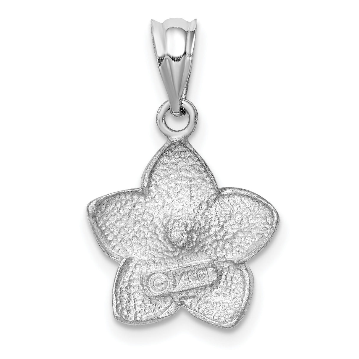 14k White Gold Plumeria Flower Pendant, Brushed and Diamond Cut Tropical Charm for Women