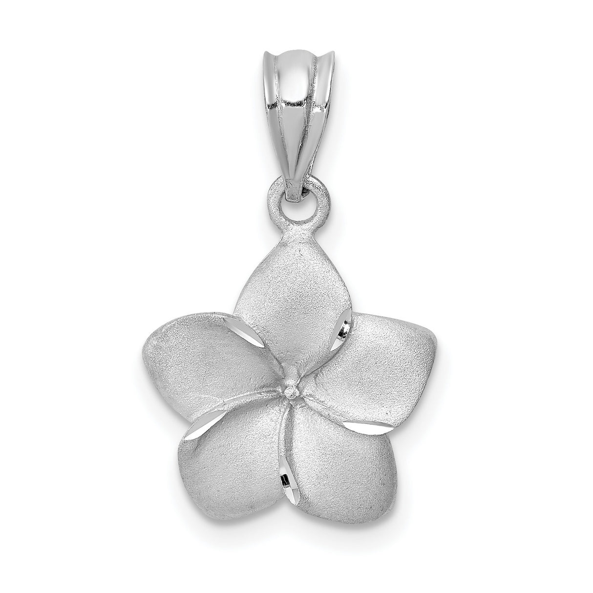 14k White Gold Plumeria Flower Pendant, Brushed and Diamond Cut Tropical Charm for Women