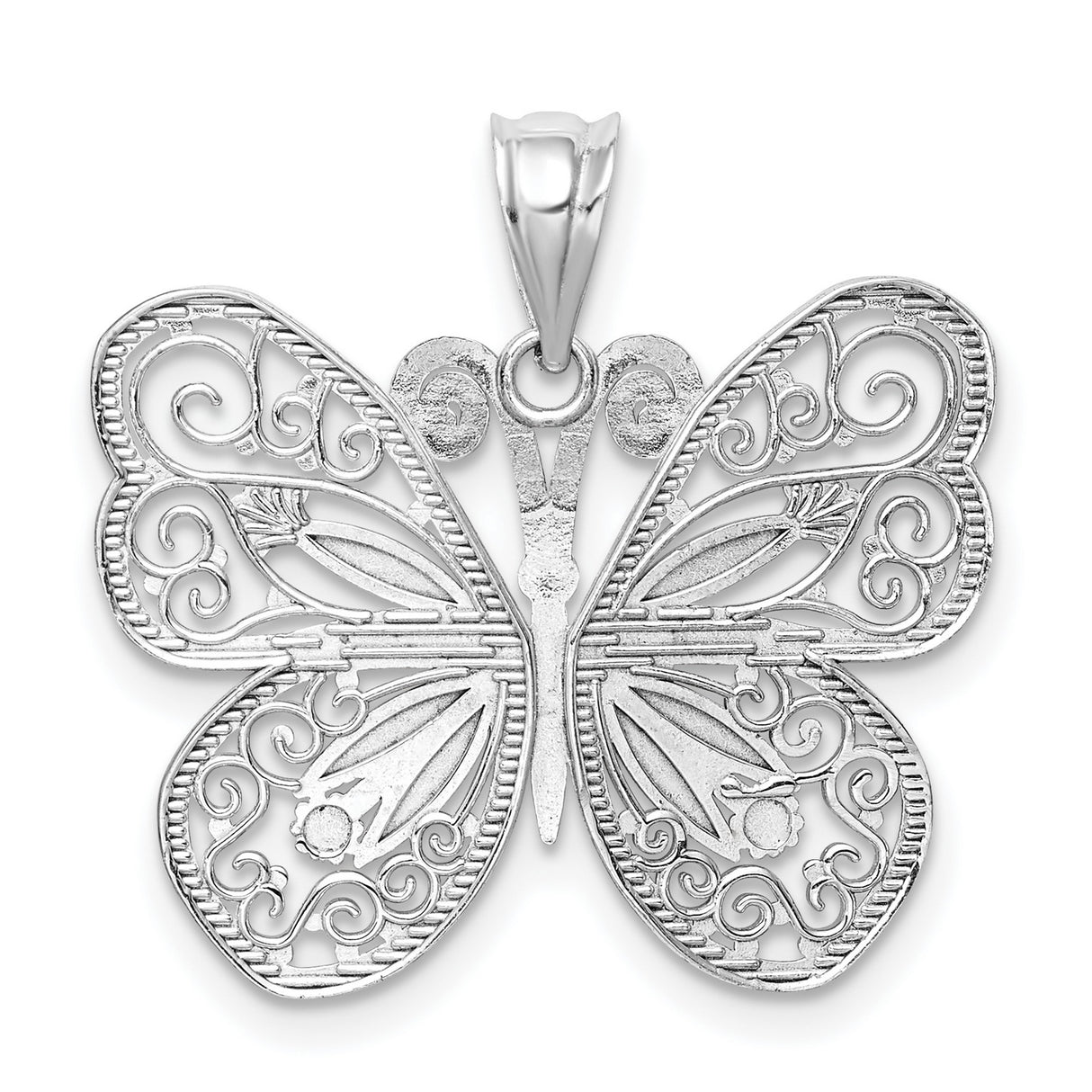 14k White Gold Butterfly Pendant with Filigree Detailing, Nature-Inspired Charm for Women