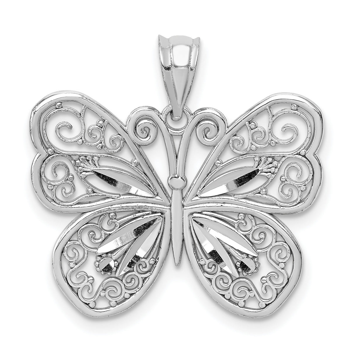 14k White Gold Butterfly Pendant with Filigree Detailing, Nature-Inspired Charm for Women