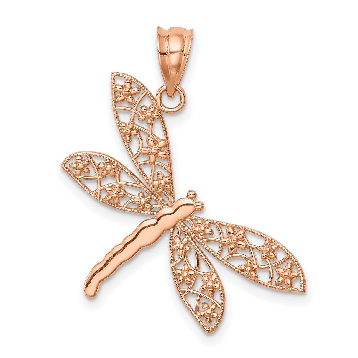14k Rose Gold Dragonfly Pendant with Floral Filigree Wings, Nature-Inspired Jewelry for Women