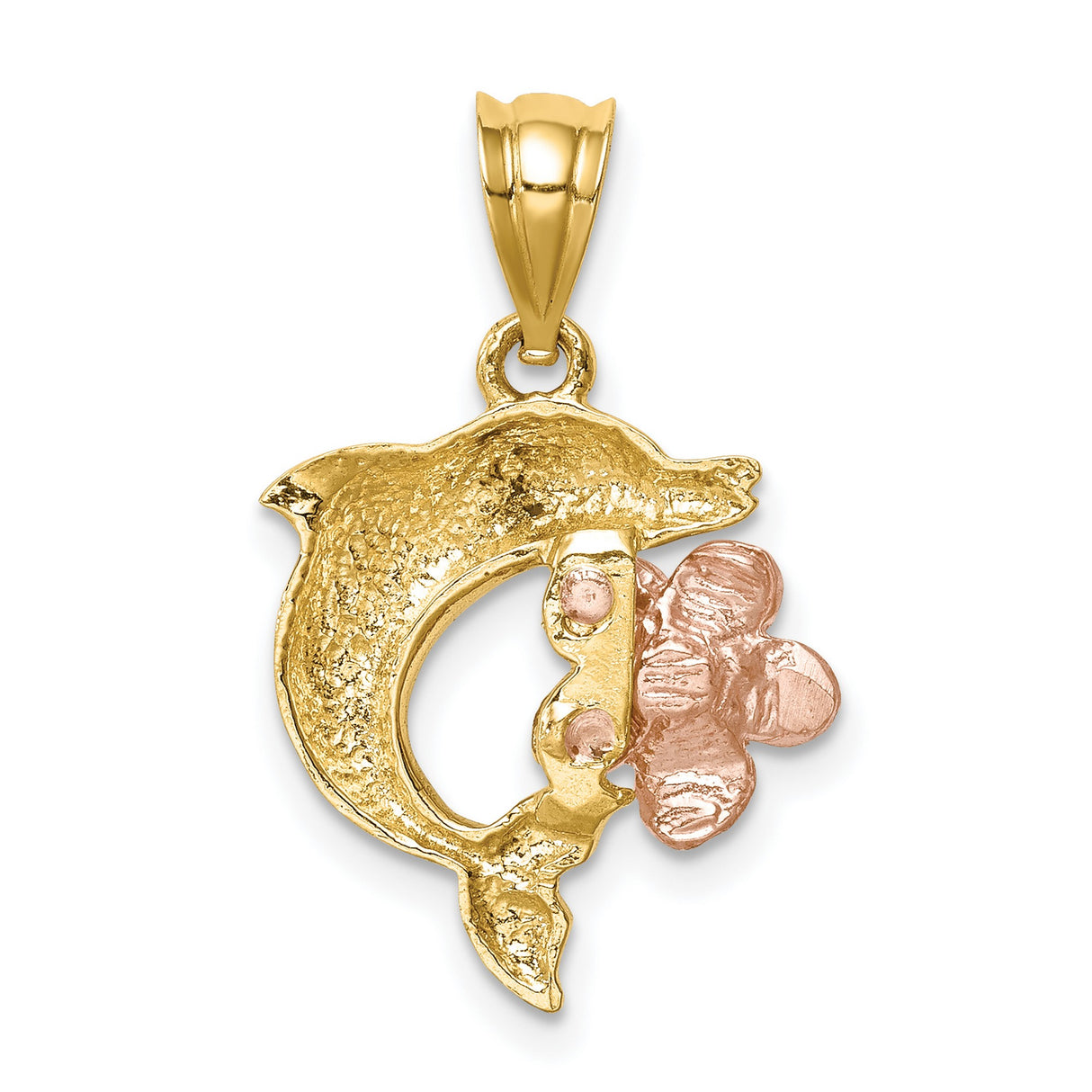 Brushed/Polished Diamond-cut Plumeria with Dolphin Charm Pendant in Real 14k Multi-Tone Gold