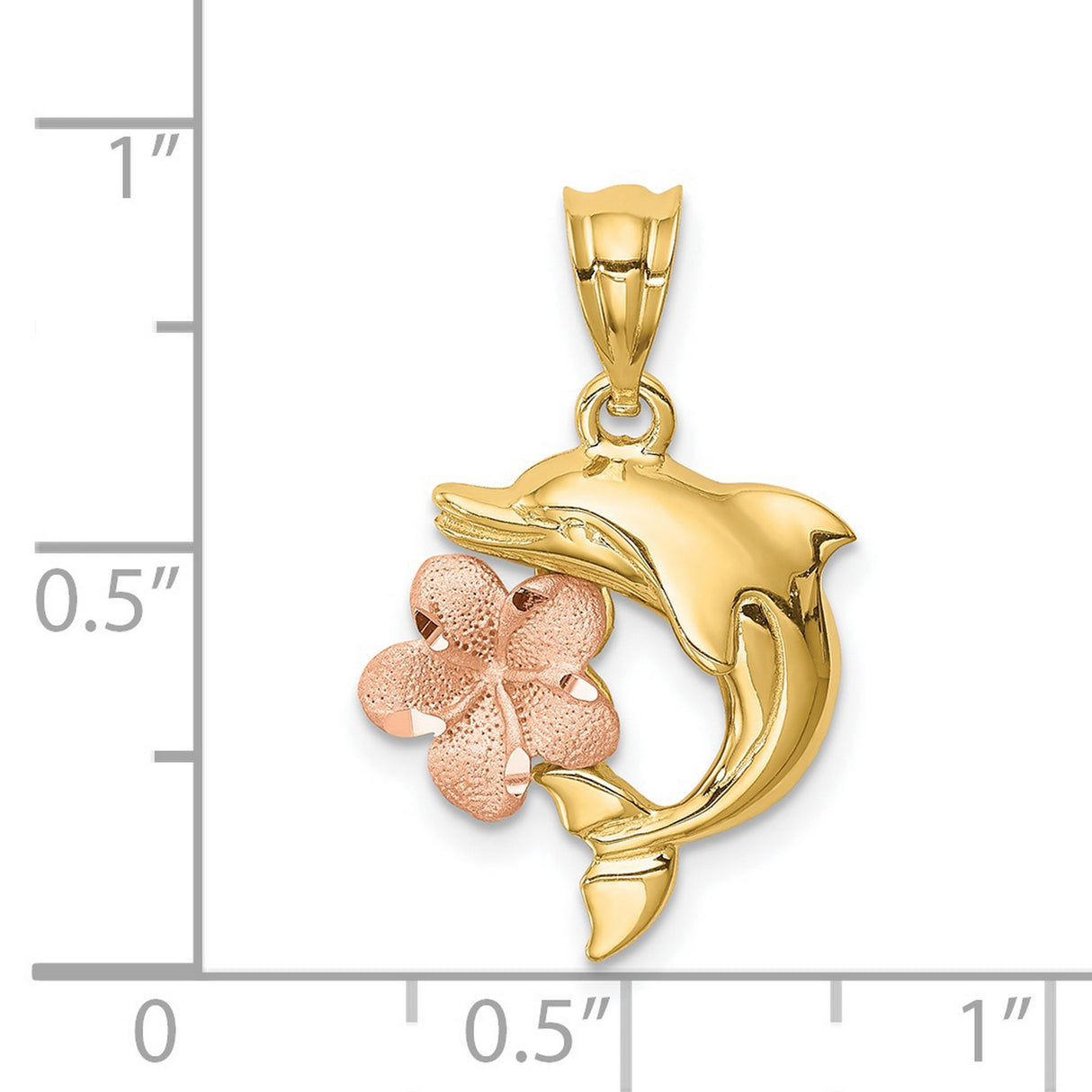 Brushed/Polished Diamond-cut Plumeria with Dolphin Charm Pendant in Real 14k Multi-Tone Gold
