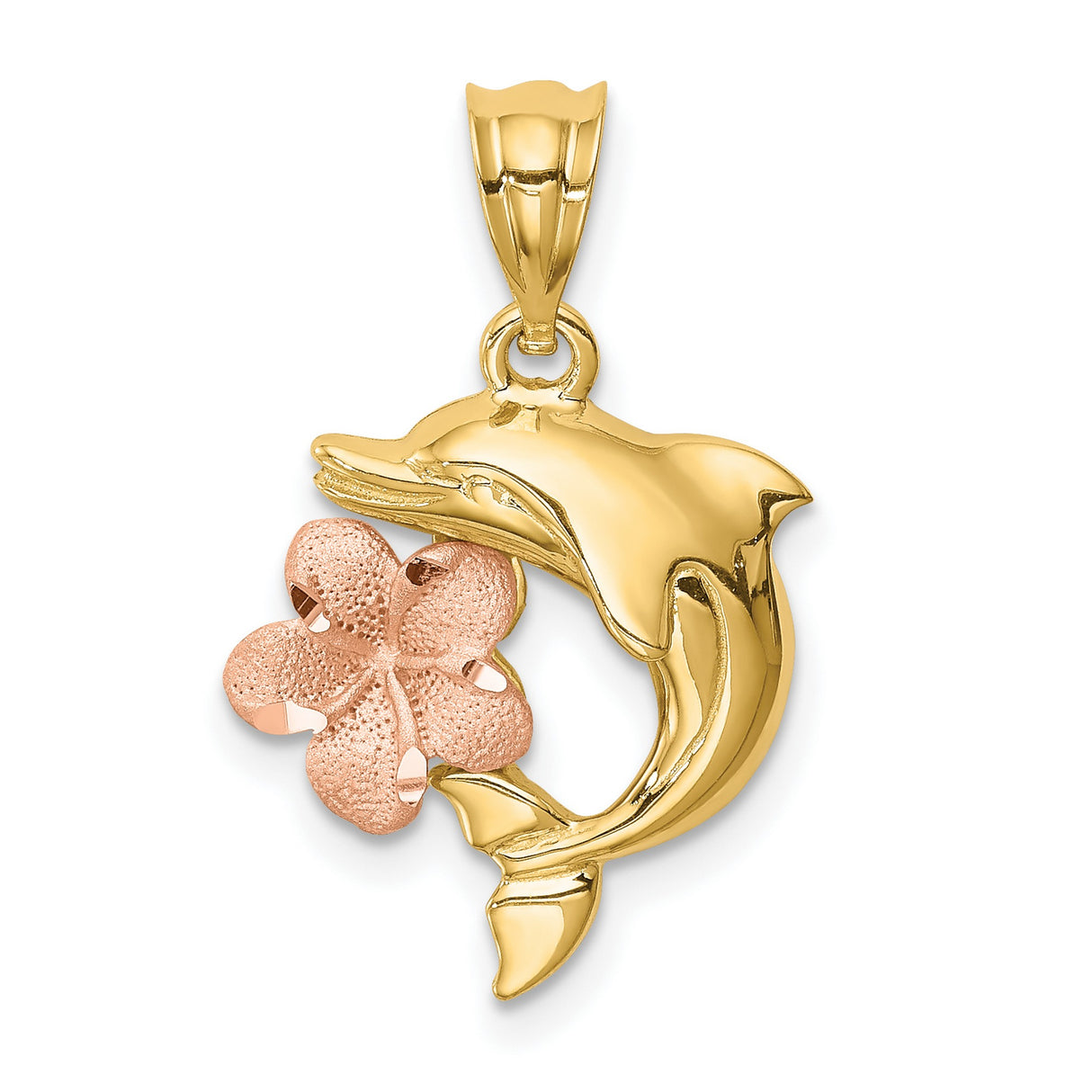 Brushed/Polished Diamond-cut Plumeria with Dolphin Charm Pendant in Real 14k Multi-Tone Gold