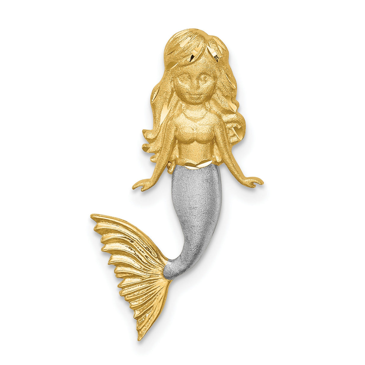 14k Yellow Gold Mermaid Pendant with Rhodium, Two-Tone Nautical Fantasy Charm for Women