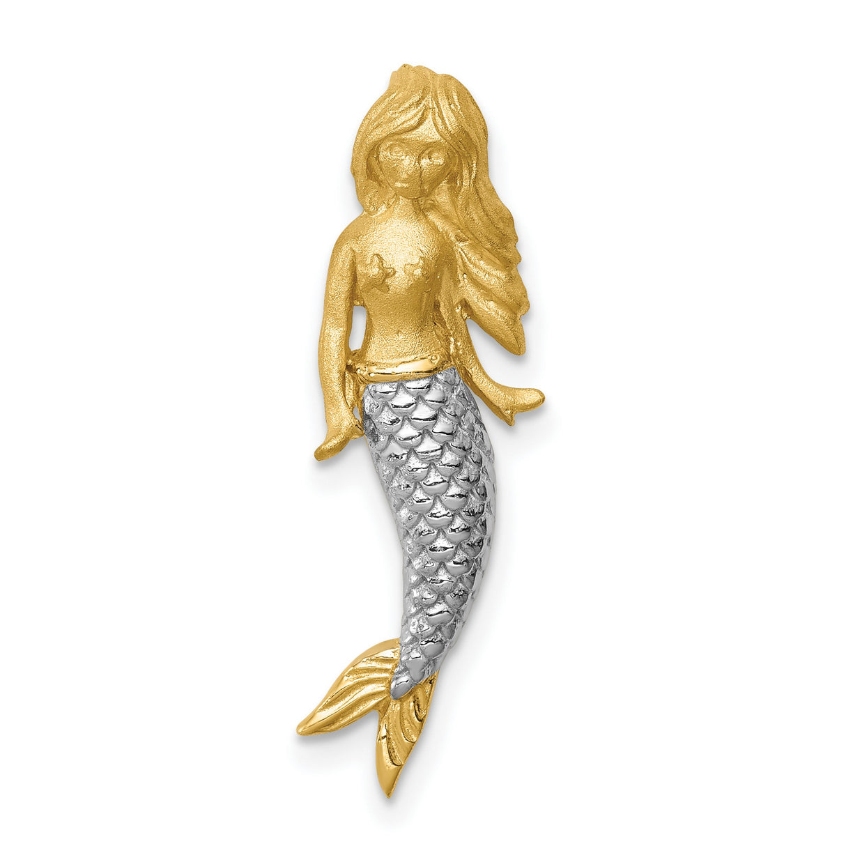 14k Multi-Tone Gold Mermaid Pendant with Detailed Scales and Long Hair, Ocean Fantasy Theme