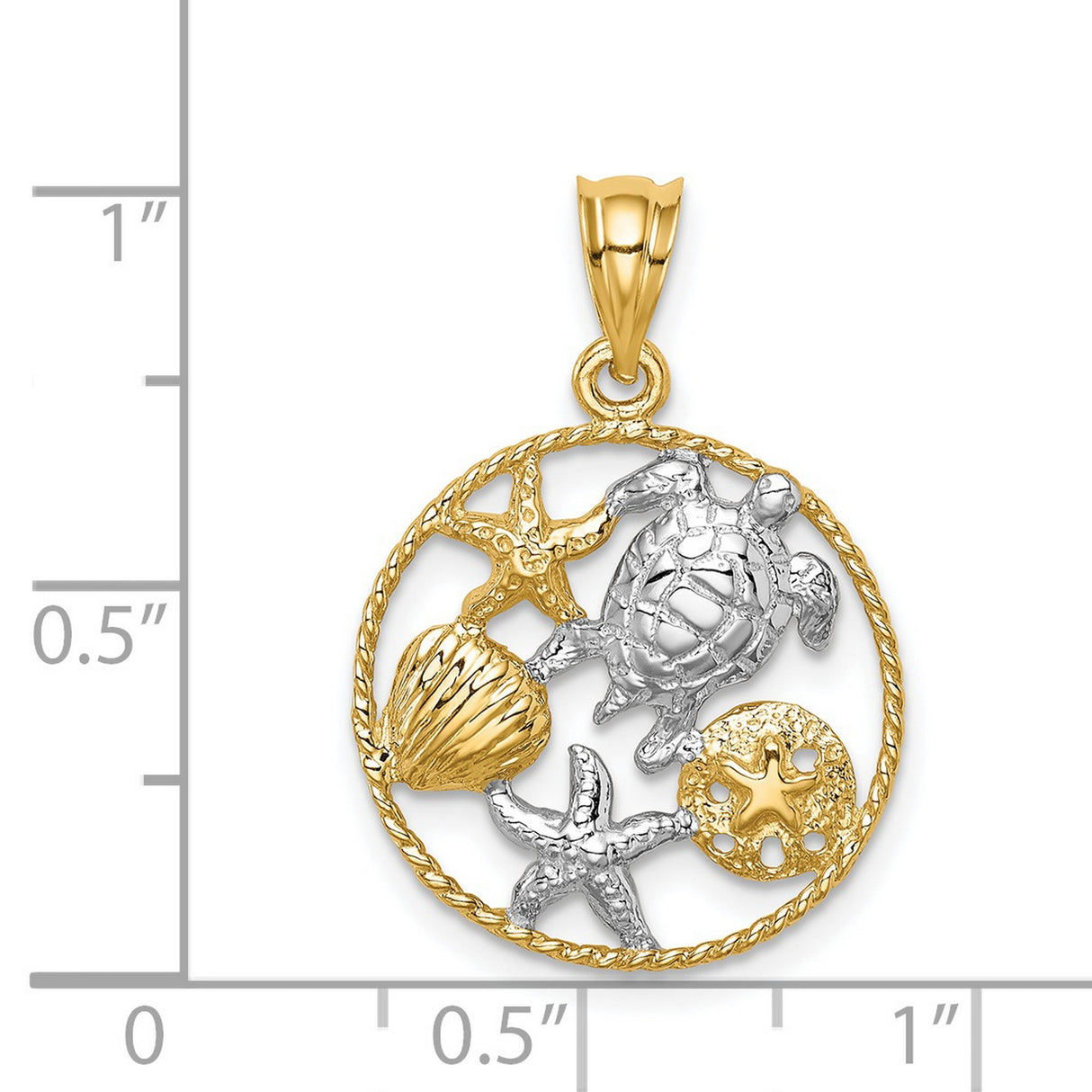 14k Multi-Tone Gold Sea Turtle Pendant with Starfish, Shell, Sand Dollar, Ocean Theme