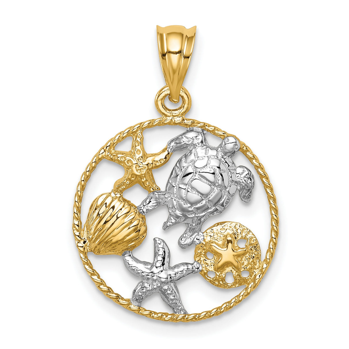 14k Multi-Tone Gold Sea Turtle Pendant with Starfish, Shell, Sand Dollar, Ocean Theme