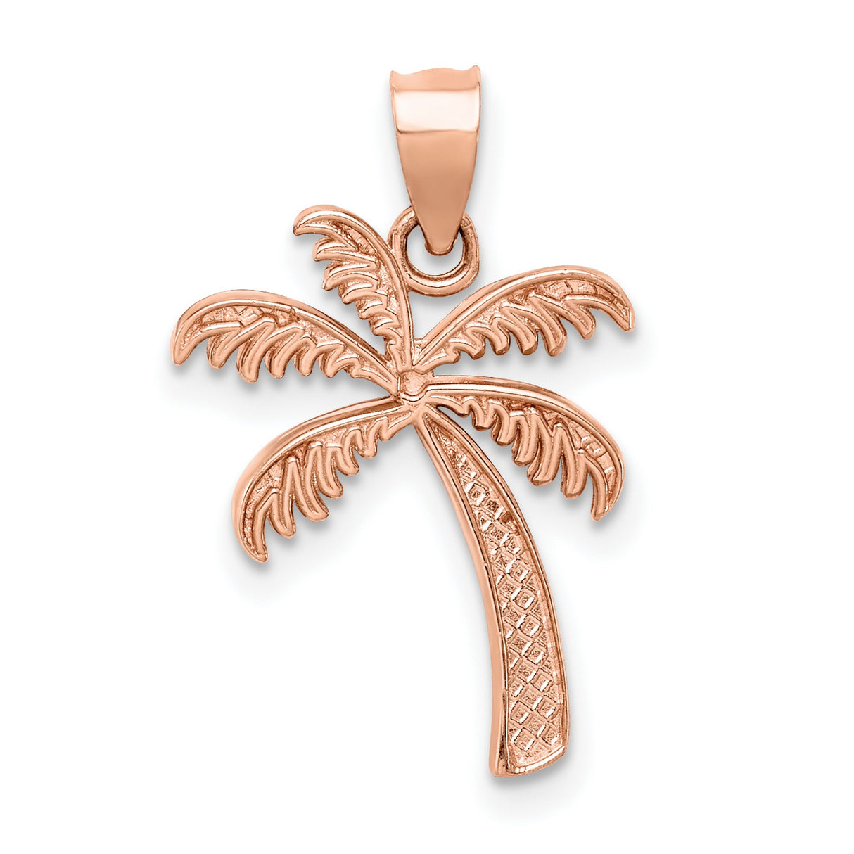 14k Rose Gold Palm Tree Pendant with Ornate Scroll Trunk Detailing, Tropical Beach Charm