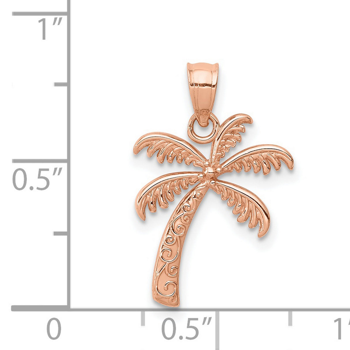 14k Rose Gold Palm Tree Pendant with Ornate Scroll Trunk Detailing, Tropical Beach Charm
