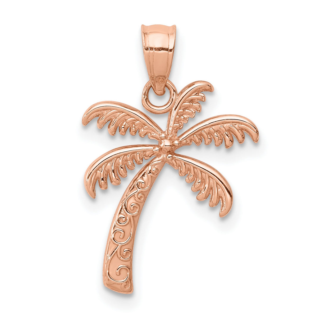 14k Rose Gold Palm Tree Pendant with Ornate Scroll Trunk Detailing, Tropical Beach Charm