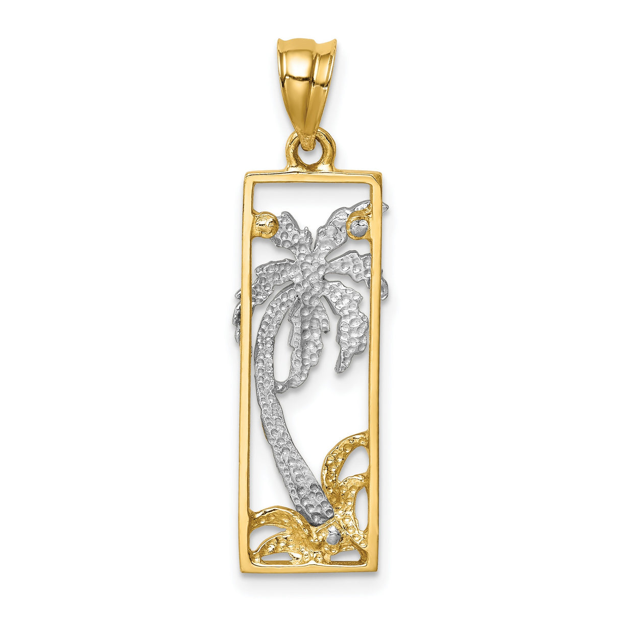 14k Two-Tone Gold Palm Tree Pendant with Tropical Rectangle Frame Design