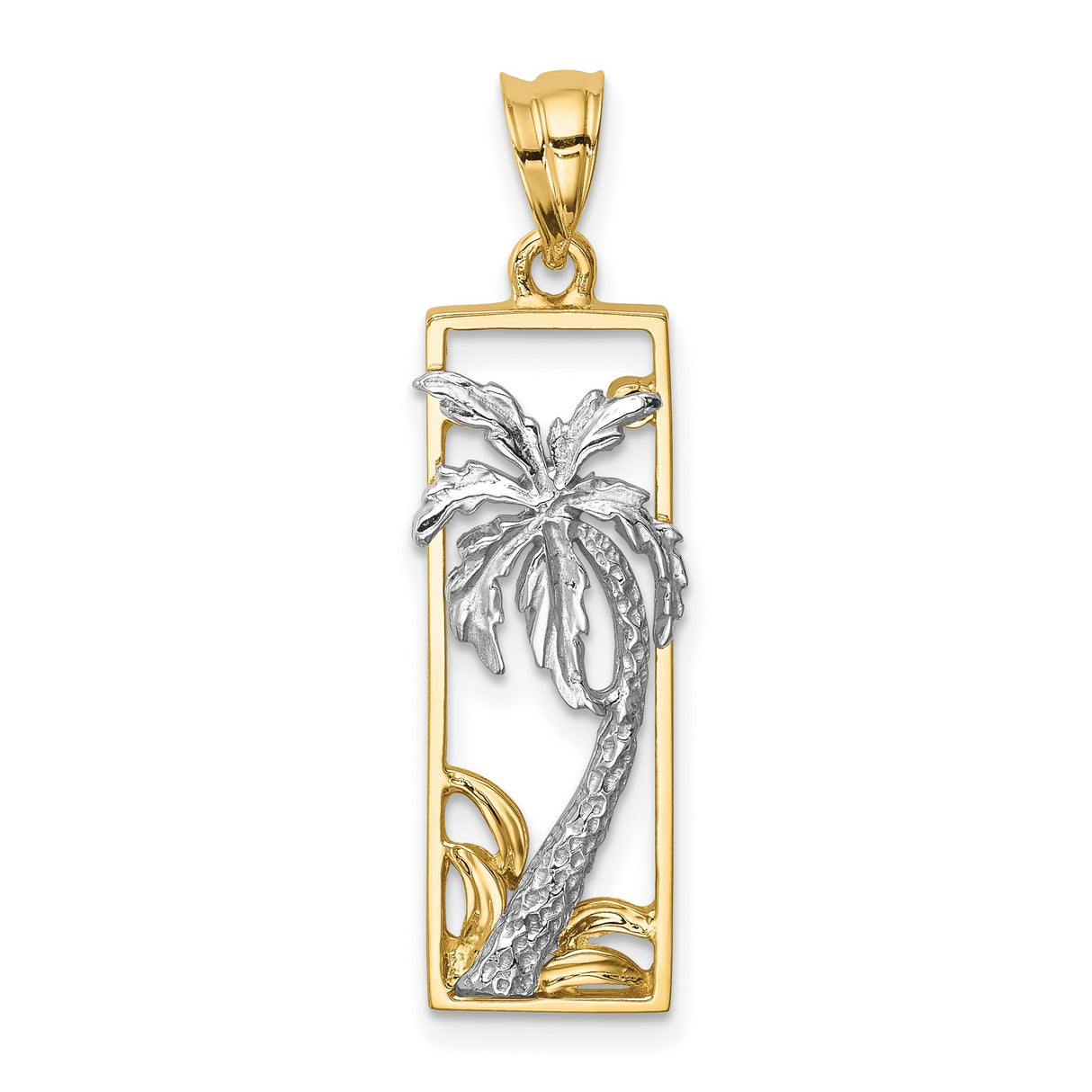 14k Two-Tone Gold Palm Tree Pendant with Tropical Rectangle Frame Design