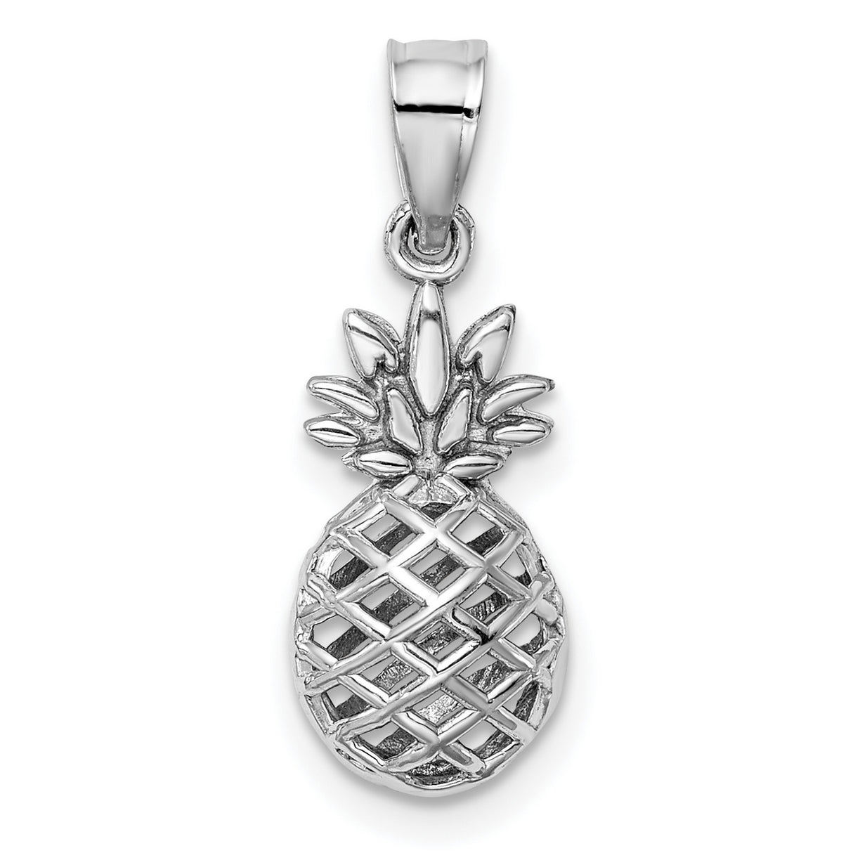 14k White Gold Pineapple Pendant with Open Lattice Design, Tropical Charm for Women