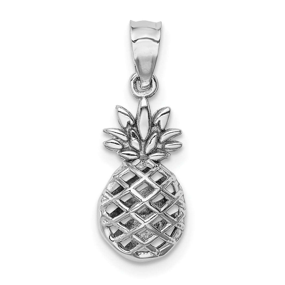 14k White Gold Pineapple Pendant with Open Lattice Design, Tropical Charm for Women