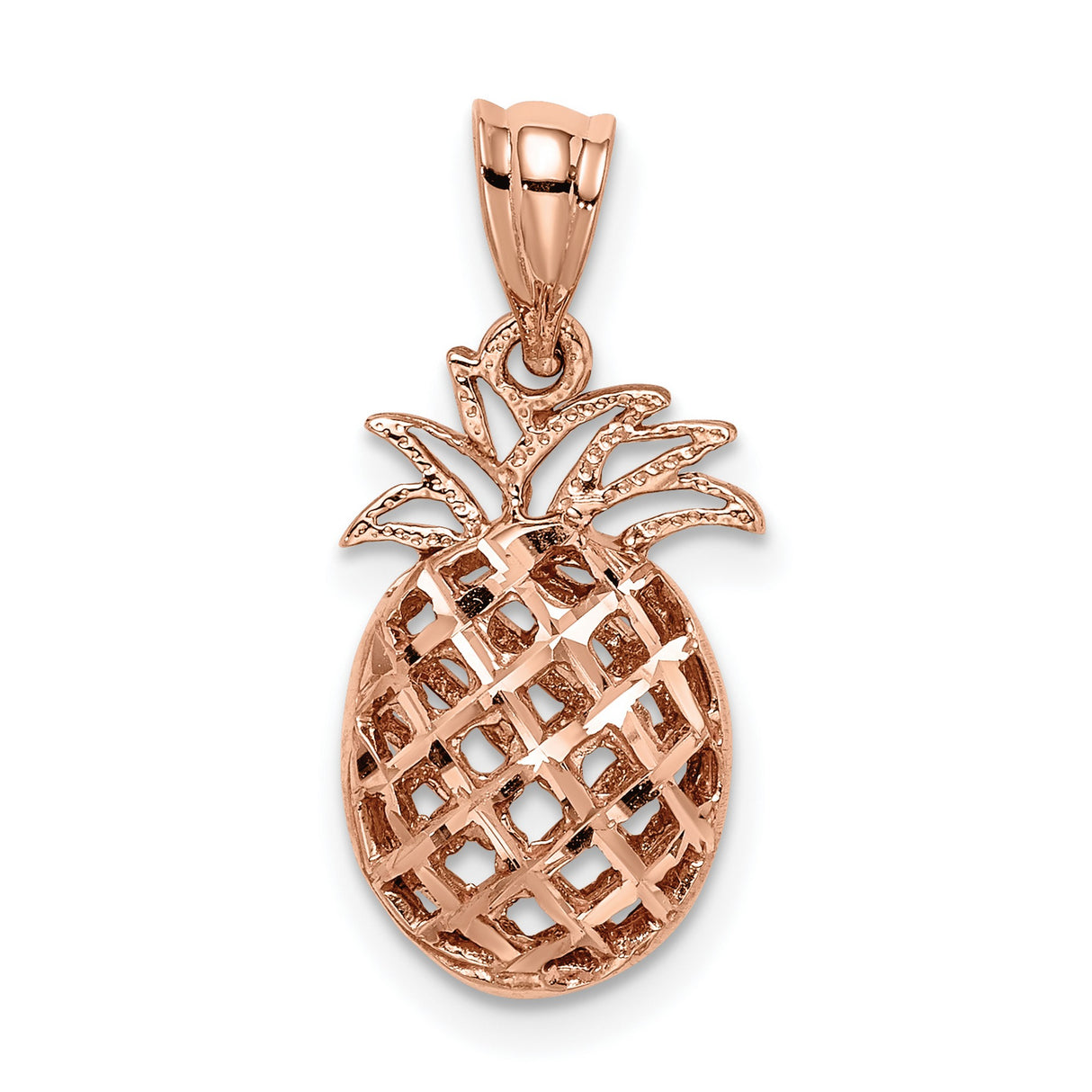 14k Rose Gold Pineapple Pendant with Open Lattice Design, Tropical Summer Charm for Women