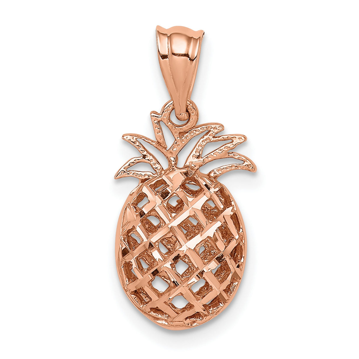 14k Rose Gold Pineapple Pendant with Open Lattice Design, Tropical Summer Charm for Women