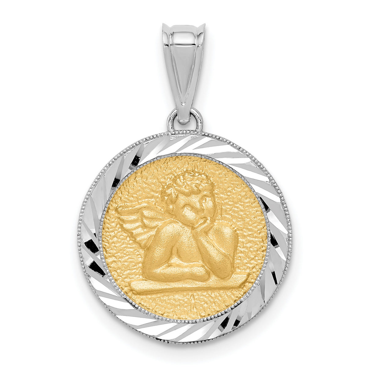 14k Two-Tone Gold Cherub Pendant with Textured Center and Polished Border