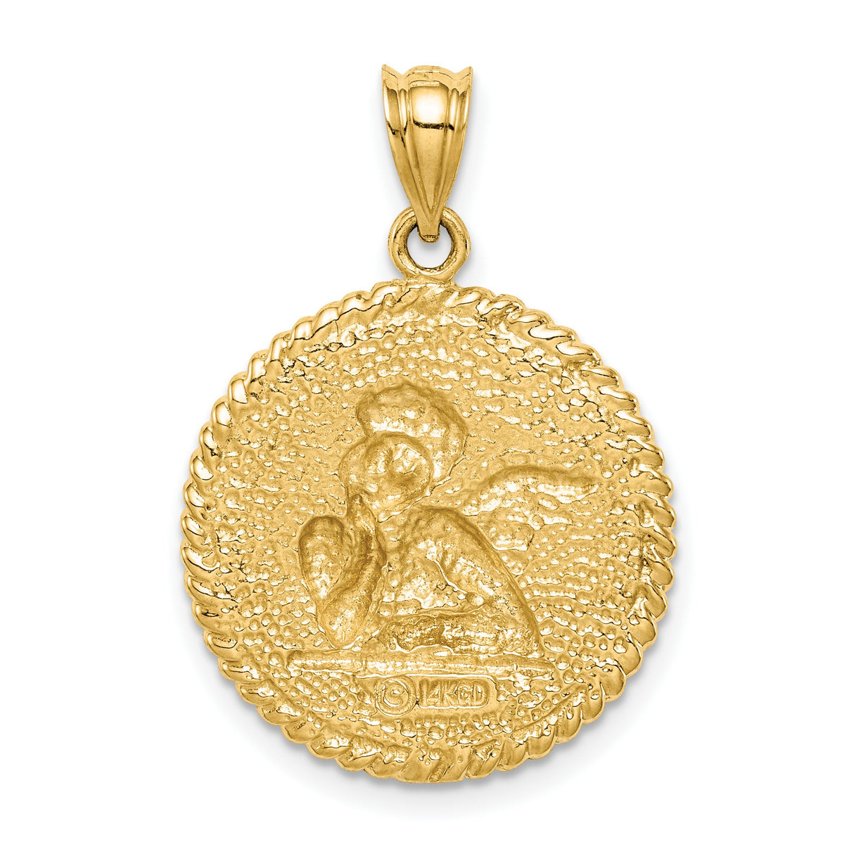 14k Yellow Gold Angel Pendant with Cherub Design and Textured Background