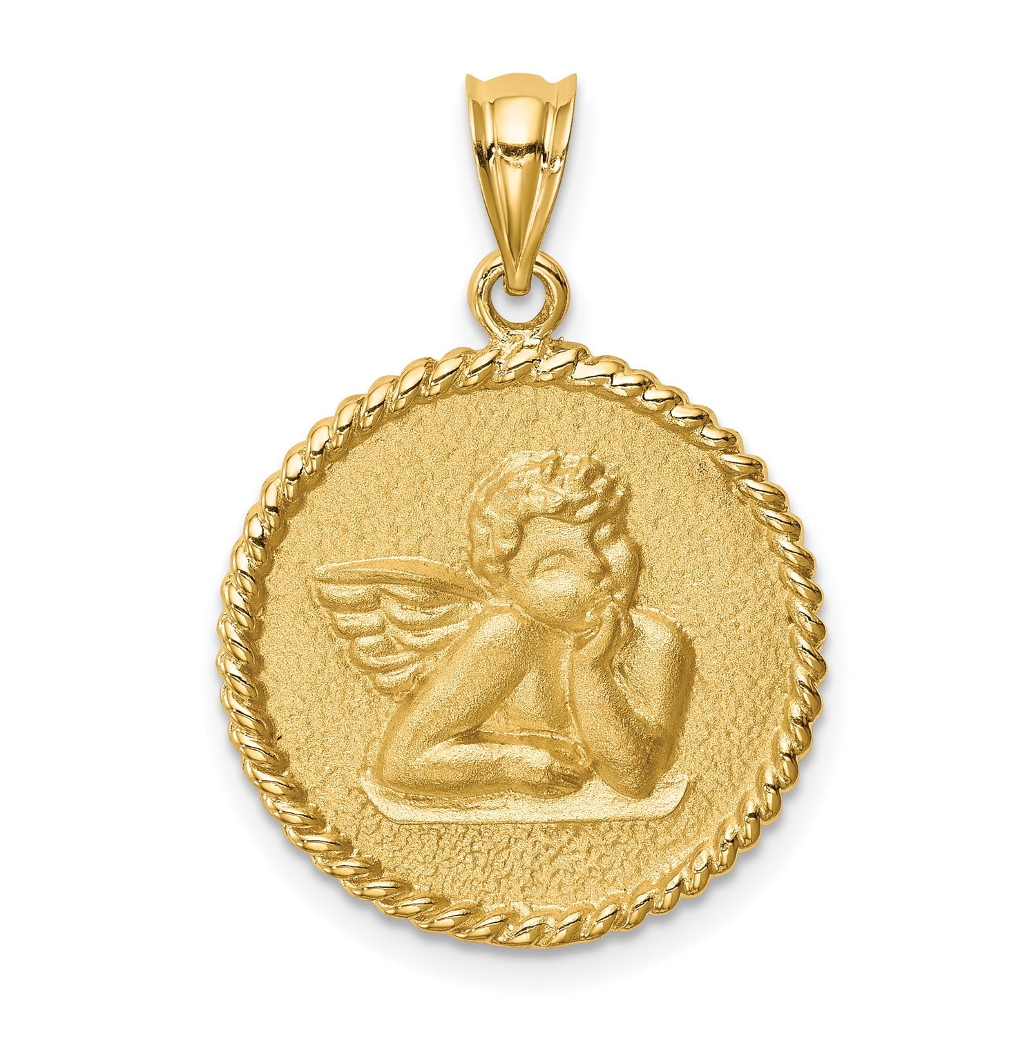 14k Yellow Gold Angel Pendant with Cherub Design and Textured Background