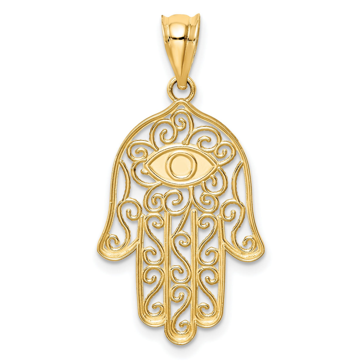 14k Yellow Gold Hamsa Hand Pendant with Blue Evil Eye, Intricate Scroll Detailing