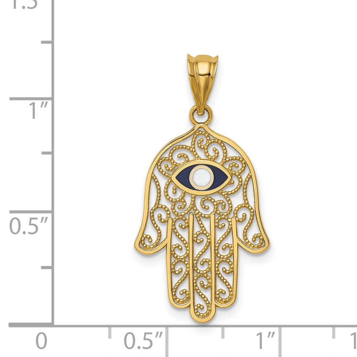 14k Yellow Gold Hamsa Hand Pendant with Blue Evil Eye, Intricate Scroll Detailing