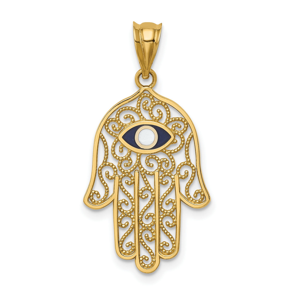 14k Yellow Gold Hamsa Hand Pendant with Blue Evil Eye, Intricate Scroll Detailing