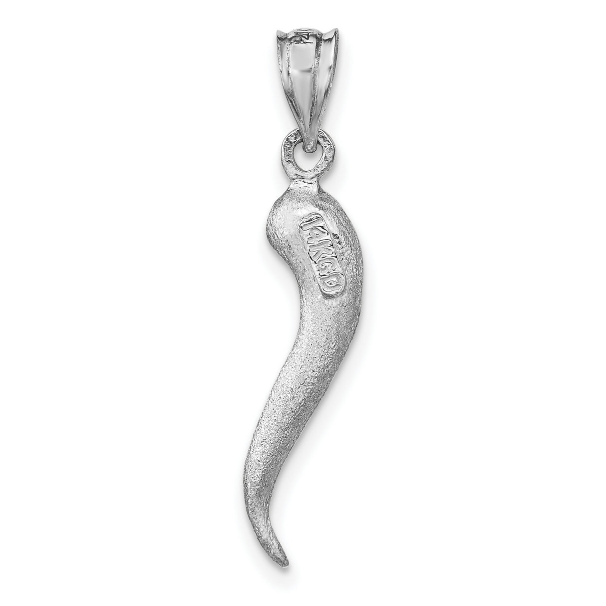 14k White Gold Italian Horn Pendant, Textured Satin Cornicello Charm for Luck and Protection