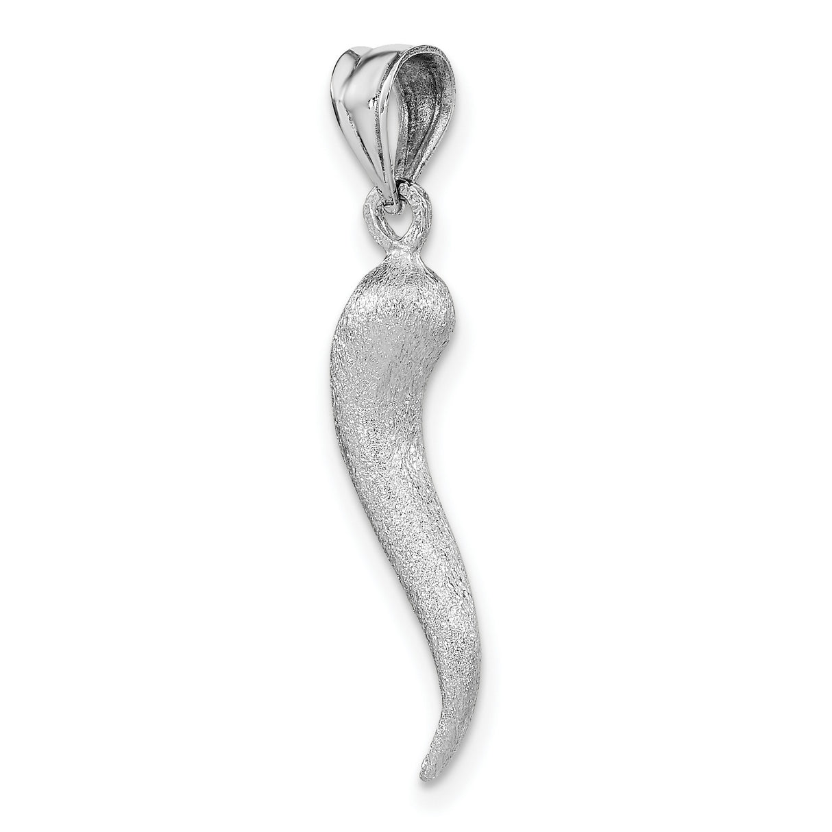 14k White Gold Italian Horn Pendant, Textured Satin Cornicello Charm for Luck and Protection