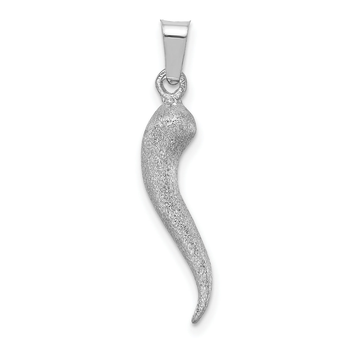 14k White Gold Italian Horn Pendant, Textured Satin Cornicello Charm for Luck and Protection