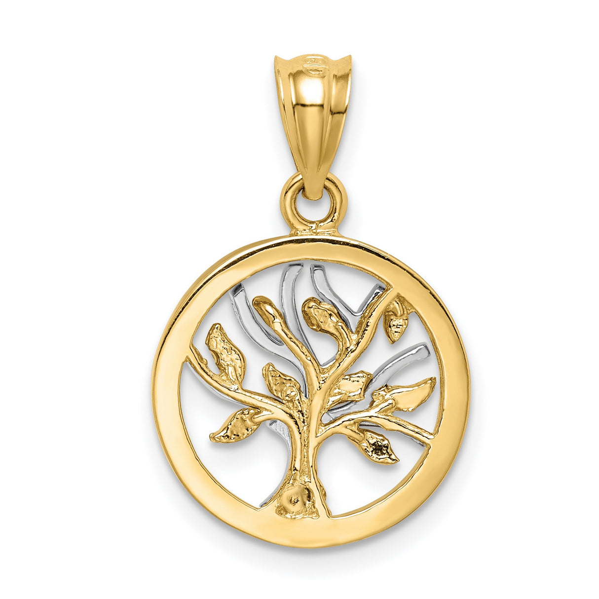 14k Two-Tone Gold Tree of Life Pendant, Round Branch and Leaf Design Charm for Women