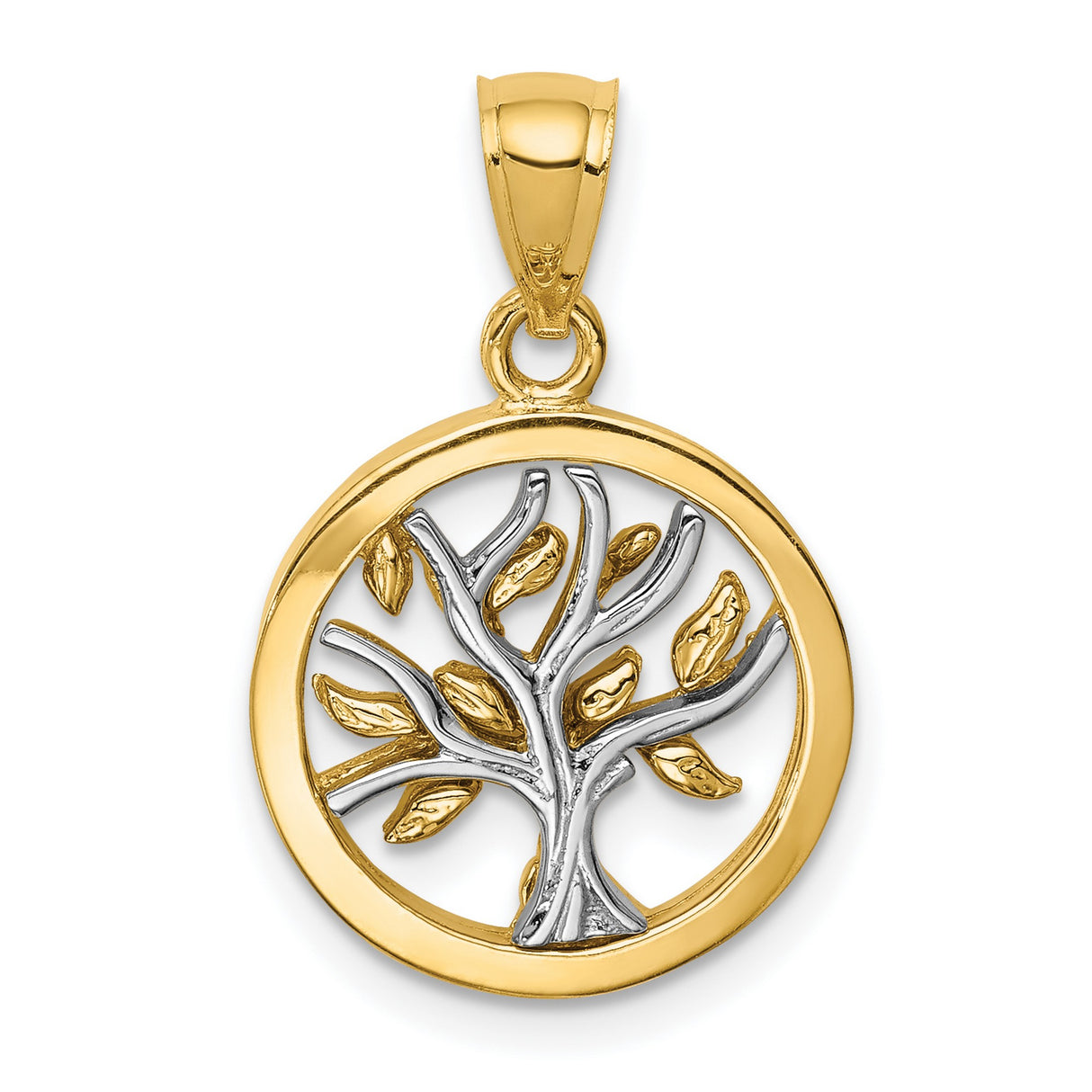 14k Two-Tone Gold Tree of Life Pendant, Round Branch and Leaf Design Charm for Women