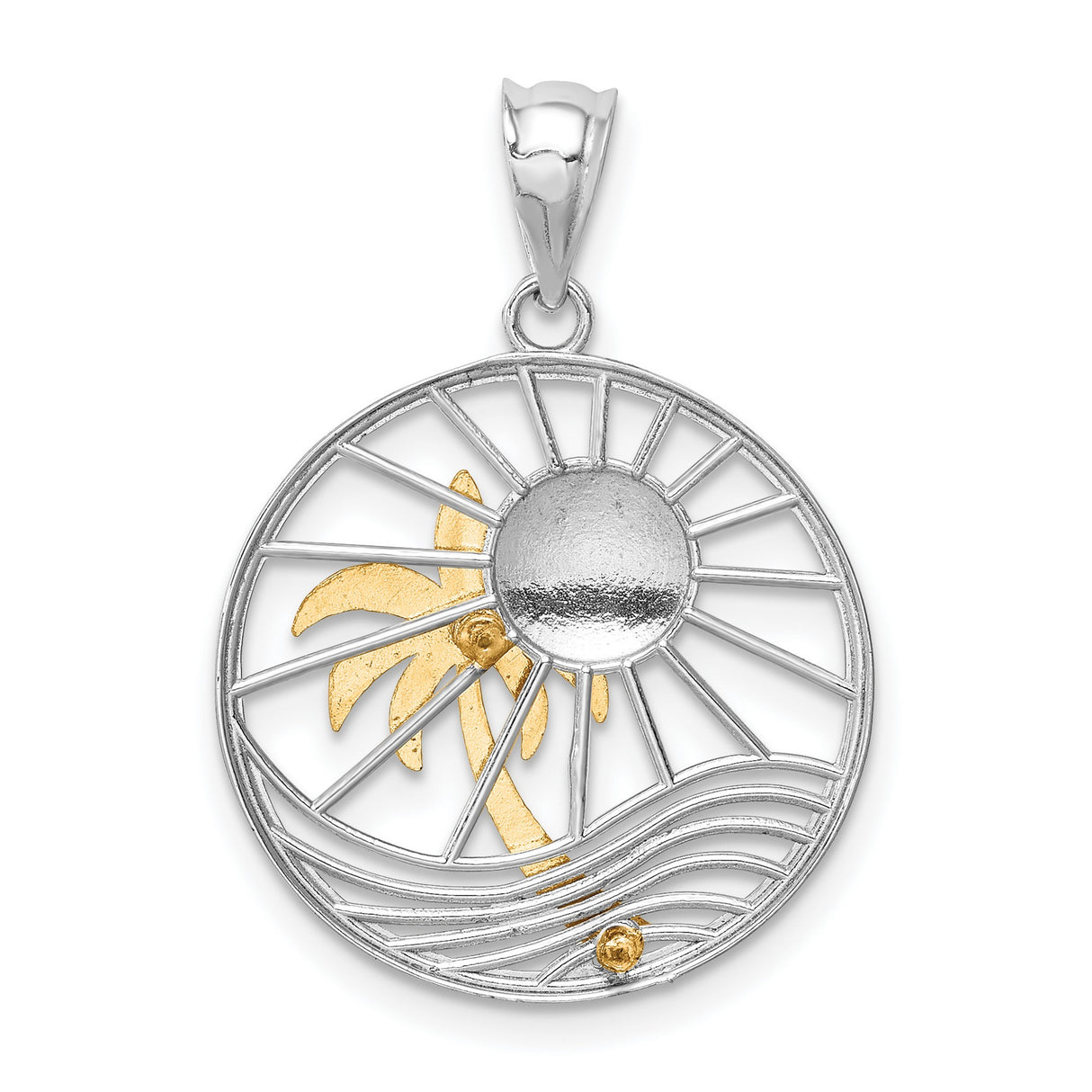 14k Two-Tone Gold Pendant with Palm Tree, Sun Rays, and Ocean Wave Design